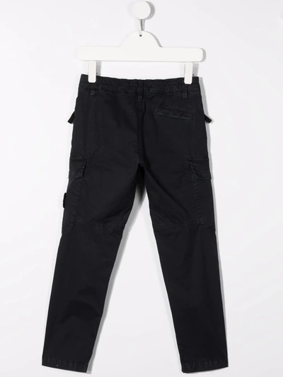 Stone Island Kids Black Cargo Trousers With Logo Patch In Blue