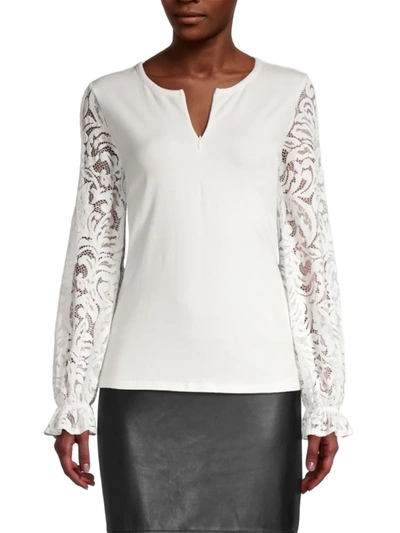 Shop Donna Karan Women's Lace Sleeve Zip-up Top In Ivory