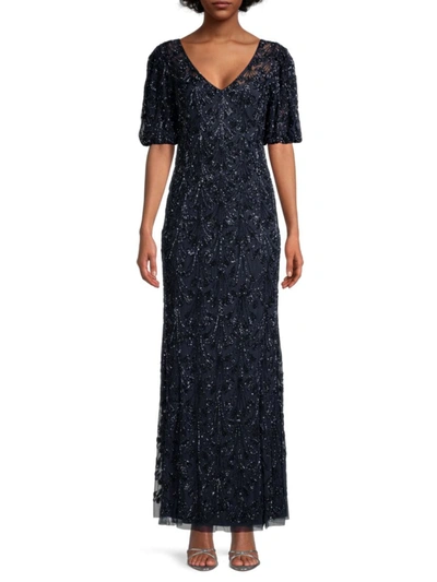 Shop Aidan Mattox Women's Beaded V-neck Sheath Gown In Twilight