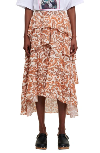 Shop Maje Justy Paisley Tiered Ruffle Cotton Skirt In Orange
