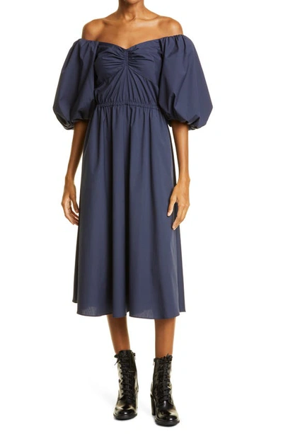 Shop Jason Wu Collection Collection Off The Shoulder Balloon Sleeve Poplin Midi Dress In Navy