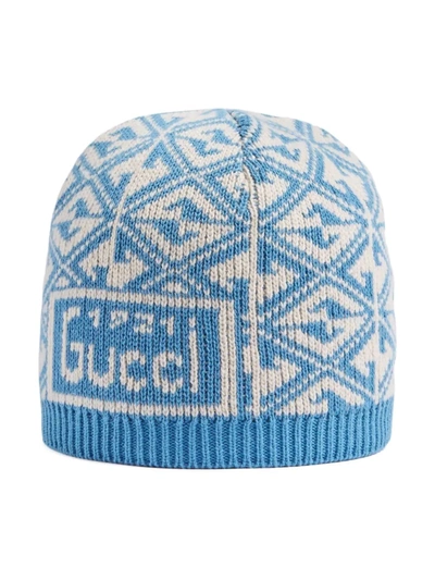 Shop Gucci G Rhombus Jacquard Beanie In 4578 Blu