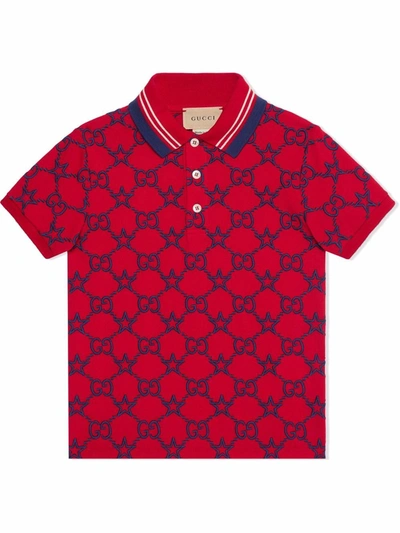 Gucci Kids' Stretch Cotton Polo T-shirt With Gg And Stars In Red | ModeSens