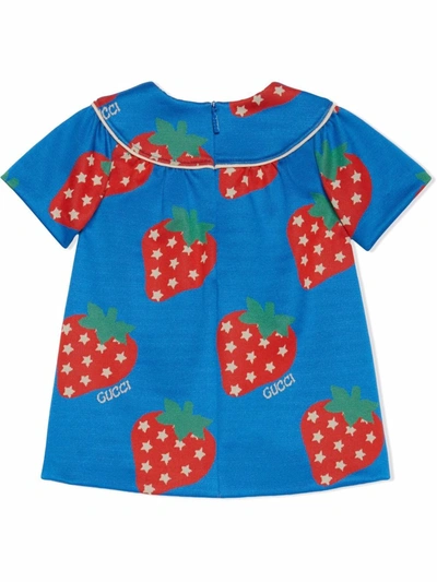 Shop Gucci Flared Strawberry-print Dress In Blue