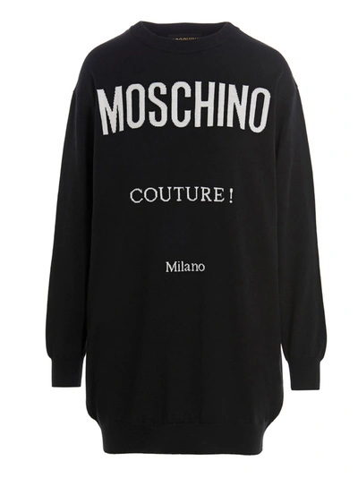 Shop Moschino Logo Intarsia Ribbed Knit Mini Dress In Black