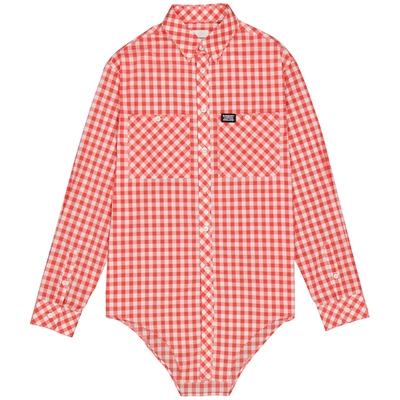 Shop Burberry Gingham Cotton Cut-out Hem Oversized Shirt In Red Pattern