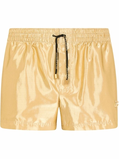 Shop Dolce & Gabbana Drawstring Metallic Swim Shorts In Gold