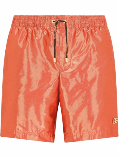 Shop Dolce & Gabbana Metallic Drawstring Swim Shorts In Orange