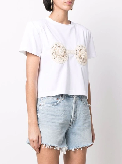 Magda Butrym Cropped Cotton T-shirt With Unique Front Embroidery In Weiss