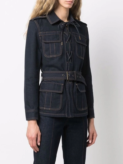 Saint Laurent Saharian Belted Lace-up Denim Jacket In Blau