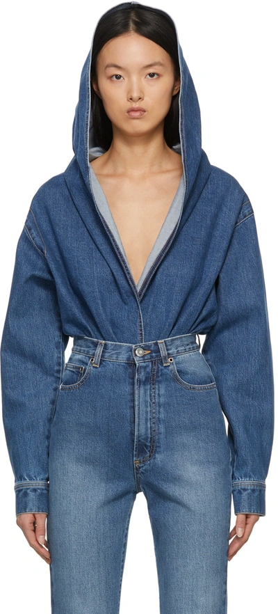 Shop Alaïa Blue Washed Denim Hooded Bodysuit In 507 Bleu Je