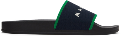 Shop Marni Navy & Green Logo Jacquard Slides In Zo104 Blublack+garde