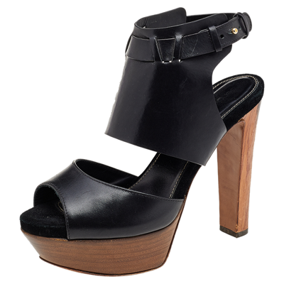 Pre-owned Gina Black Leather Open Toe Platform Pumps Size 37.5