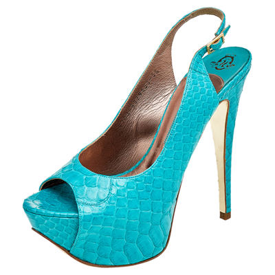 Pre-owned Gina Blue Python Peep Toe Platform Slingback Sandals Size 38.5