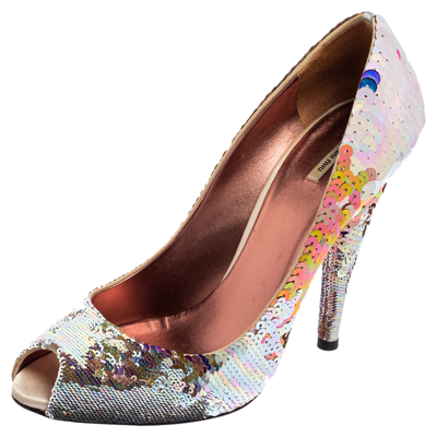 Pre-owned Miu Miu Multicolor Sequins Embellished Fabric Peep-toe Pumps Size 40