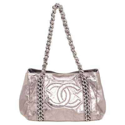 Pre-owned Chanel Metallic Grey Leather Modern Chain East/west Tote