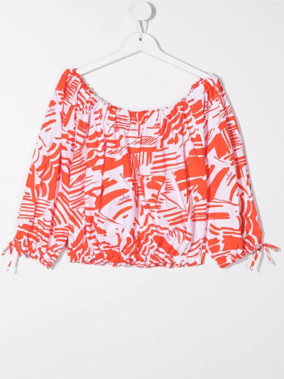 Shop Msgm Teen Abstract-print Off-shoulder Blouse In White