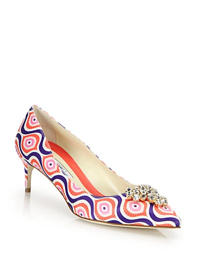 Brian Atwood Bejeweled Printed-satin Kitten-heel Pumps In Coral