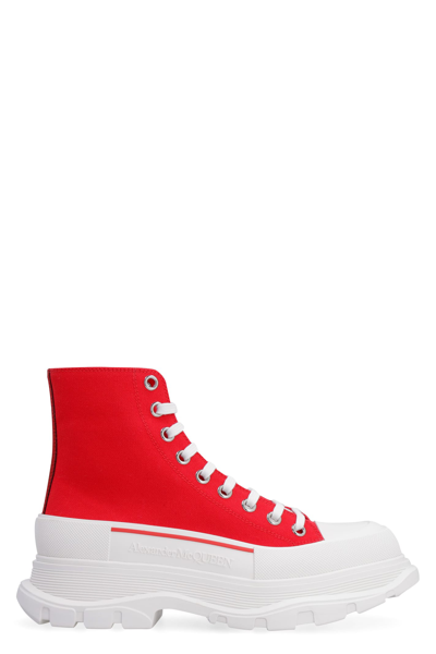 Shop Alexander Mcqueen Tread Slick Lace-up Ankle Boots In Red