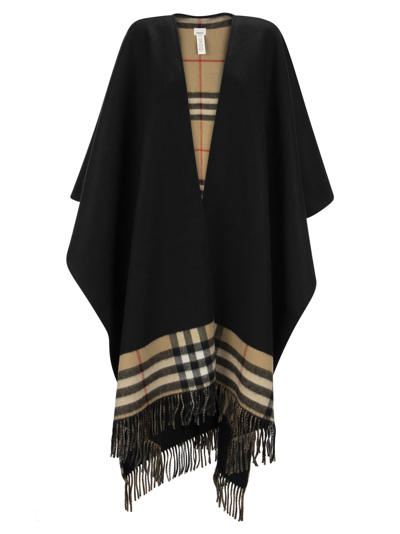 Shop Burberry Reversible Wool And Cashmere Cape With Tartan Pattern In Black/beige