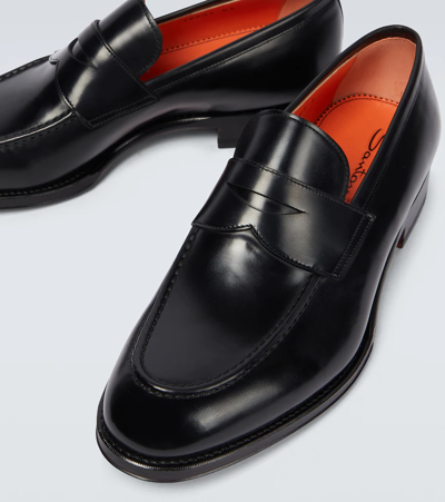 Shop Santoni Leather Penny Loafers In Black