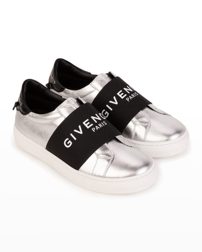 Shop Givenchy Kid's Urban Street Logo Metallic Elastic-strap Sneakers, Toddler/kids In 16 Silver