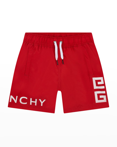 Shop Givenchy Boy's Drawstring Swim Trunks With 4g Logo &  Wraparound Logo In 991 Red