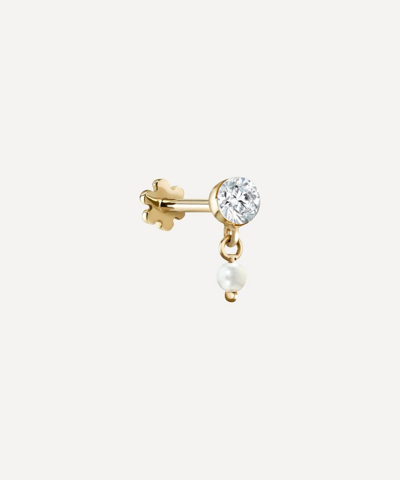 Shop Maria Tash 18ct 3mm Invisible Set Diamond And Pearl Dangle Single Threaded Stud Earring In Yellow