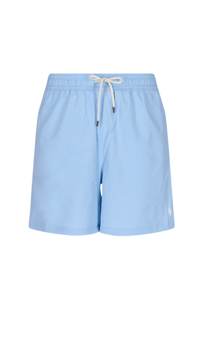 Shop Polo Ralph Lauren Logo Patch Swim Shorts In Blue