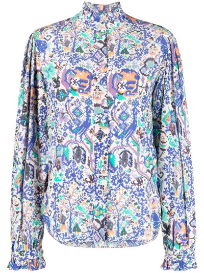 Shop Isabel Marant Banessa Abstract-print Ruffled Blouse In Blue