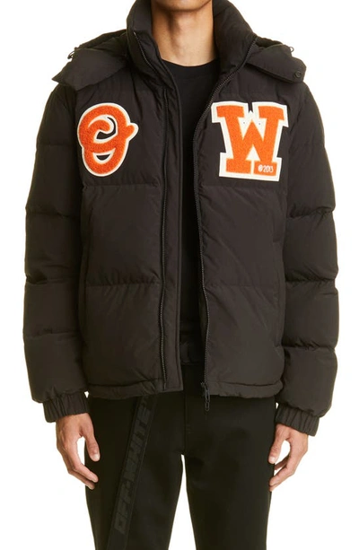 Shop Off-white Bouclé Patch Down & Feather Fill Hooded Puffer Jacket In Black