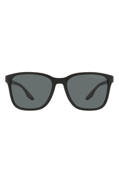 Shop Prada 57mm Polarized Rectangular Sunglasses In Black Rubber/dark Grey