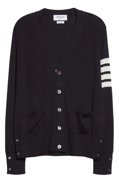 Thom Browne Jersey Stitch Relaxed Fit V Neck Cardigan In Fine Merino Wool With 4 Bar Stripes In Navy