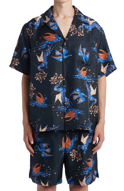 Shop Valentino Animal Print Short Sleeve Button-up Camp Shirt In Utopia Navy