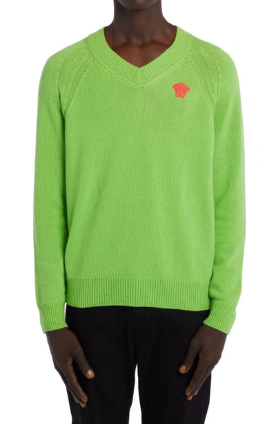 Shop Versace Classic Medusa Cashmere V-neck Sweater In Fluo Green