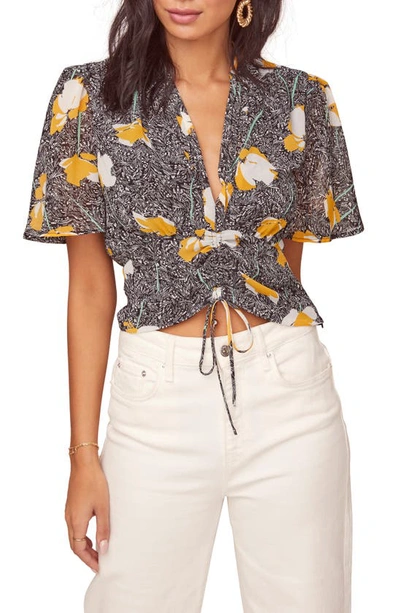 Shop Astr Rosie Tie Hem Crop Top In Black/ Mustard Floral