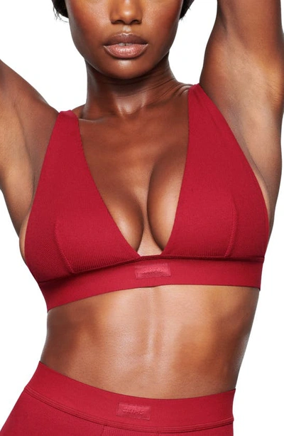 Cotton Collection Plunge Ribbed Cotton-blend Jersey Bralette In Brick