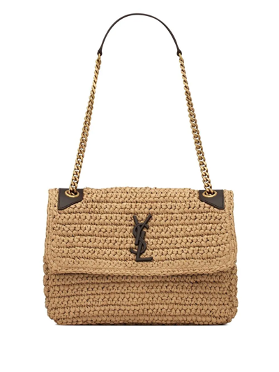 Shop Saint Laurent Medium Niki Raffia Shoulder Bag In Nude