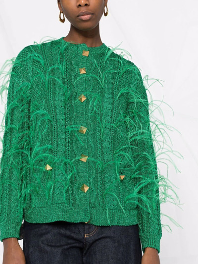 Shop Valentino Feather-embellished Metallic Cardigan In Grün