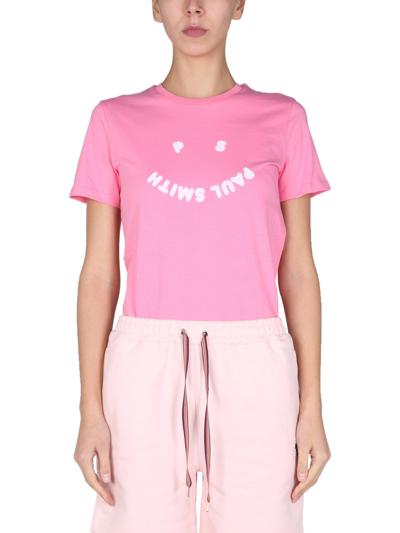 Shop Ps By Paul Smith "happy" T-shirt With Flocked Logo In Pink