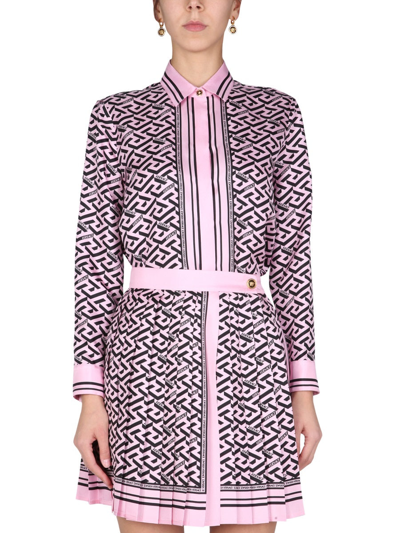 Shop Versace Shirt With Greek Print In Pink
