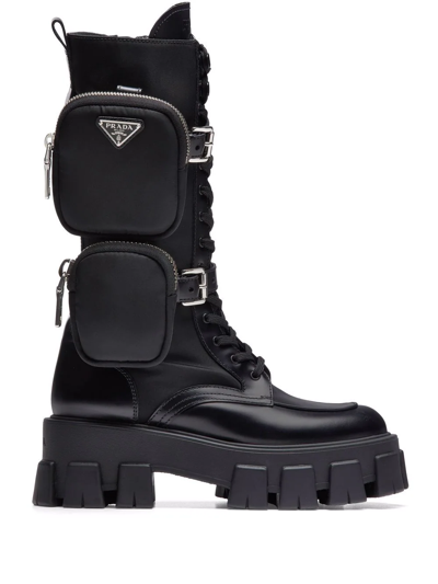 Shop Prada Moonlith Pouch-detail Leather Boots In Black