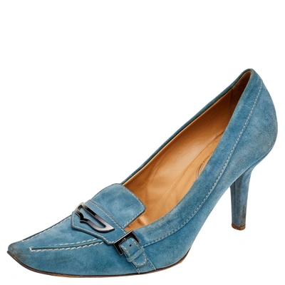 Pre-owned Tod's Blue Suede Pointed Toe Loafer Pumps Size 37.5