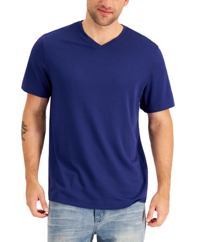 Shop Alfani Men's Relaxed Fit Supima Blend V-neck T-shirt, Created For Macy's In Tartan Blue