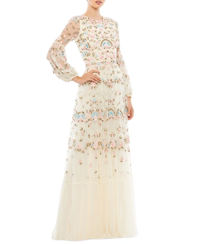 Shop Mac Duggal Embroidered Lantern-sleeve Gown In Ivory