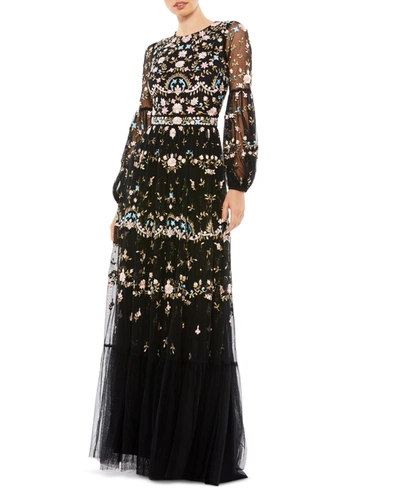Shop Mac Duggal Embroidered Lantern-sleeve Gown In Black