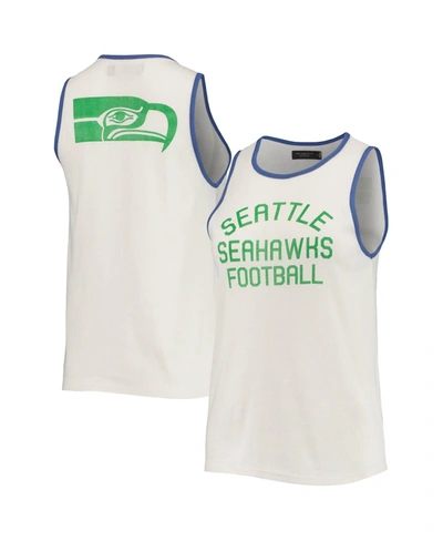 Shop Junk Food Women's  White And Royal Seattle Seahawks Throwback Pop Binding Scoop Neck Tank Top In White/royal