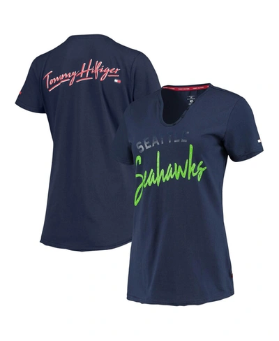 Tommy Hilfiger Women's Sport College Navy Seattle Seahawks Riley V-neck  T-shirt