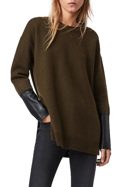 Shop Allsaints Essy Leather Cuff Wool Sweater In Khaki Green/ Black
