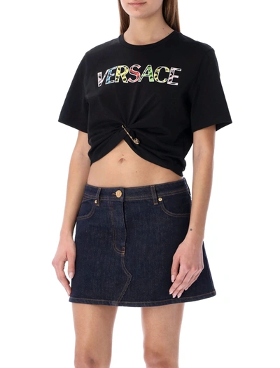 Shop Versace Logo Lettering S/s T-shirt In Black